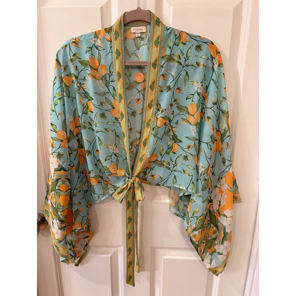 Anthropologie Pilcro Kimono Aqua Blue Lemon Print Lightweight Boho Beachy OS - Picture 11 of 15